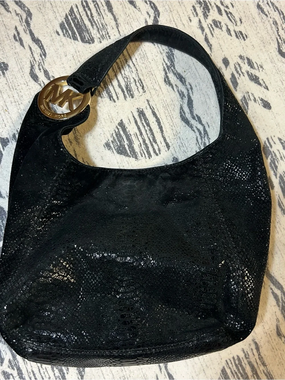 Michael Kors Black Snakeskin Hobo Shoulder Bag Purse Y2K Sparkle Gold Hardware